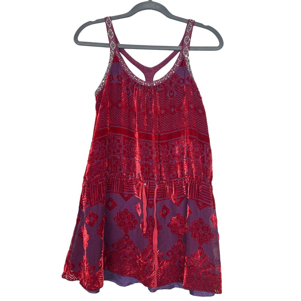 Free People Womens 0 Rare Vintage 2004 Red Purple Silk Sequin Boho Tunic Top